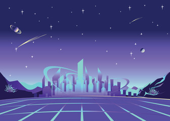 Space big city on the background of the surface of the planet with hills and mountains, starry sky and planets in cartoon style. Space horizontal vector background illustration.
