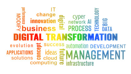 Illustation of digital transformation keywords cloud with colorful text on white background.