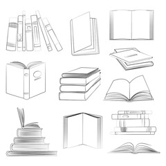 Books linear sketch symbols set. Stack, opened and closed books isolated icons set on white background. Library and bookstore elements in a flat style. Jpeg