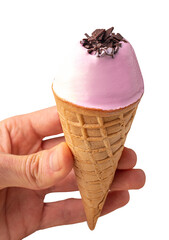blueberry ice cream in a waffle glass on hand