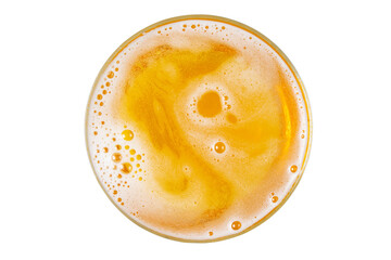 Beer in glass. Beer foam with bubble. View from above.