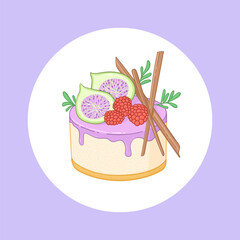 Beautiful poster of glazed cake decorated with figs, raspberry and chocolate. Vector illustration for bakery or cafe.