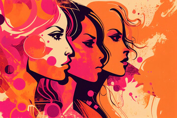 Three confident women looking straight ahead. Women rights day Wallpapers: feminism and Artistic abstract women backgrounds in black lines, orange and pink. International Women's Day. 3d rendering.