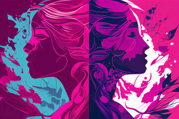 International Women's Day. Women rights day Wallpapers: feminism and Artistic abstract women backgrounds in pink and purple colors. Picture divided in two. Two opposite women. 3d rendering.