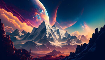 Stunning space mountains set within a hyperrealistic space cityscape.  generative ai, Beautiful space mountains in a hyper realistic city landscape with hyper detail.