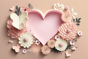 Paper Art in Heart and Flower Shape, Soft Pastel Color, Combination Pink, White, and Peach for Greeting Card, Memo, Note, Gift, Wallpaper, Theme, Background, Frame