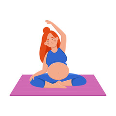Pregnant woman doing yoga exercises vector illustration. Young mother sitting on mat doing yoga isolated on white. Pregnancy, health, relaxation concept