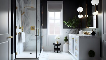 白い洗面台と大きな鏡を備えたフローティングバニティ. シャワーにはガラスのパーティションとレインフォール シャワーヘッドがあります。generative ai