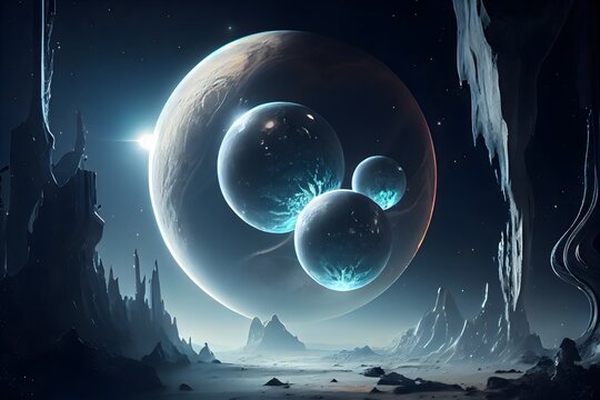 Real life like magical entangled machine planet in beautiful galaxy in the middle of space, generative ai, black hole and white hole
