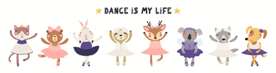 Banner, card with cute animals, ballerina girls, ballet dancers, quote, isolated on white. Hand drawn vector illustration. Scandinavian style flat design. Concept for kids fashion, textile print