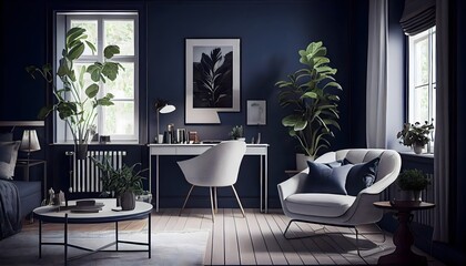 Scandinavian living room: A dark and moody living room with warm blue walls and white tile floors. generativea ai,  white table with a chrome table leg is centered in the room 