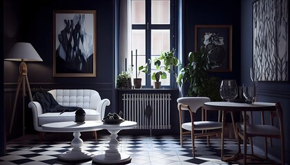 Scandinavian living room: A dark and moody living room with warm blue walls and white tile floors. generativea ai,  white table with a chrome table leg is centered in the room 
