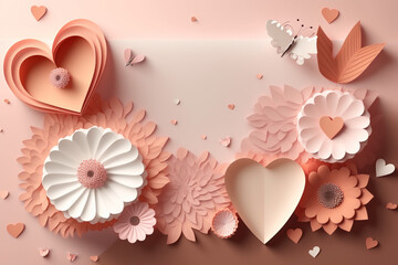 Paper Art for Flower, Butterfly, and Heart Shape in Pastel Color, Combination Peach, Pink, White for Background, Memo, Invitation, Greeting, Gift Card