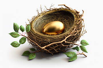 Beautiful shiny golden egg in bird nest on white background. The golden egg in the nest
