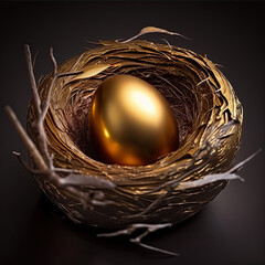 Beautiful shiny golden egg in bird nest on dark shale background. The golden egg in the nest