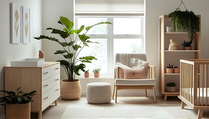 Simple and Sweet: A Minimalist living Room Design. A neutral color palette is accented by subtle pops of color and natural elements. Generative AI with plants and wooden furniture. 