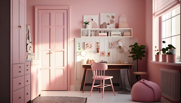 Pastel pink walls and white tile floors characterize this soft and sweet Scandinavian teen study space. Interior decoration, generative ai