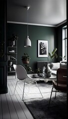 Sleek white table with chrome table legs, and a contemporary white chair rests against the wall. Moody green Scandinavian living room designed utilizing generative AI.