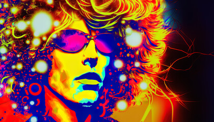 Fototapeta na wymiar Man in Glam Rock mixed with New Age of Aquarius colourful style. Generative AI, this image is not based on any original image, character or person.