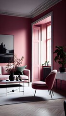 A sleek white table with a chrome table leg is centered in the room and a modern white chair rests against the wall. interior design, generative ai, Warm pink Scandinavian living room.