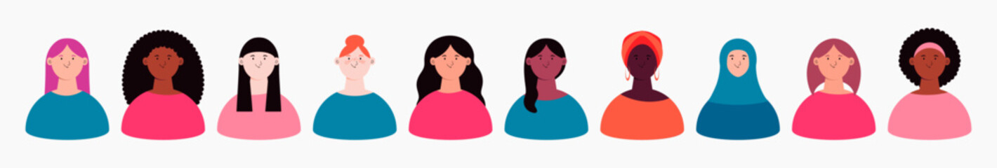 Beautiful diverse women, girls, isolated on white. Flat style vector illustration. Female cartoon characters. Design element 8 March, Womens Day card, banner, poster. Feminism, gender equality concept