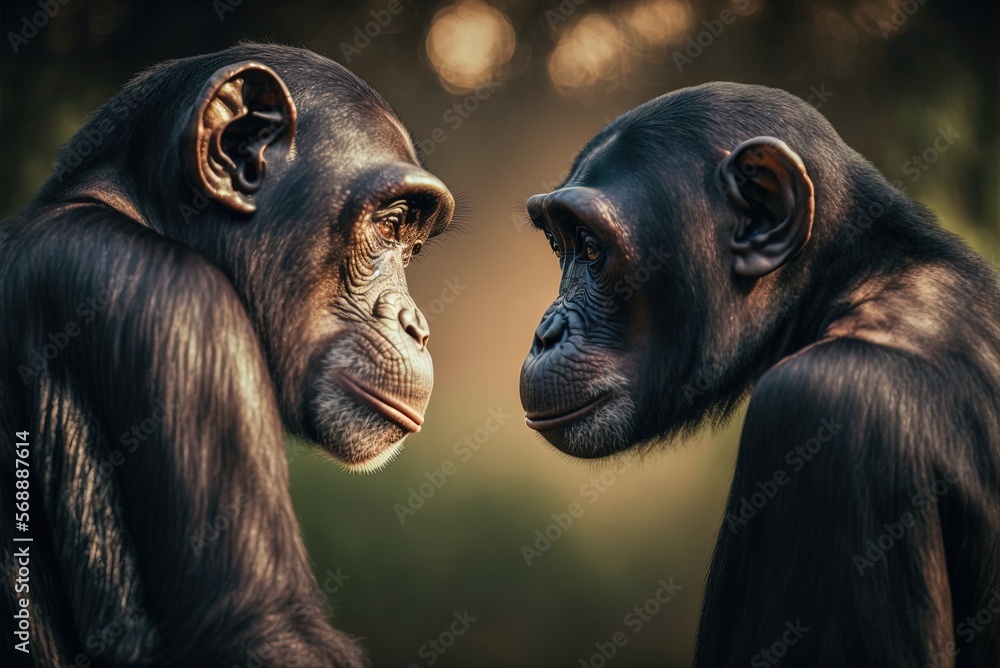 Poster two chimpanzees are in focus, standing close to one another, while the natural environment in the ba