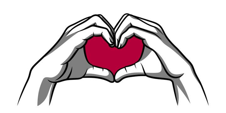 Illustration of Hands making Sign of Heart. Red heart. Vector Illustration. Ink Style Lines, Shadows and Fill.