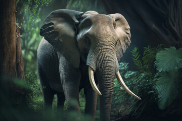 Naklejka premium Elephant, large, gray, wrinkled skin, long trunk, surrounded by dense jungle, lush green vegetation
