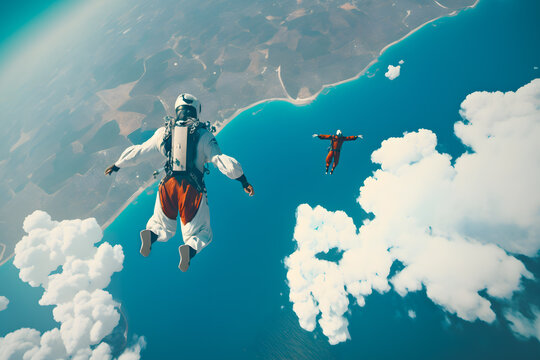 Athletes skydivers jump from an airplane falling in free fall above the ground and clouds. Generative AI technology.
