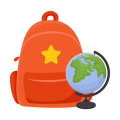 Obraz premium School backpack and geographic globe for children vector illustration. Cartoon drawing of school bag isolated on white background. Education concept