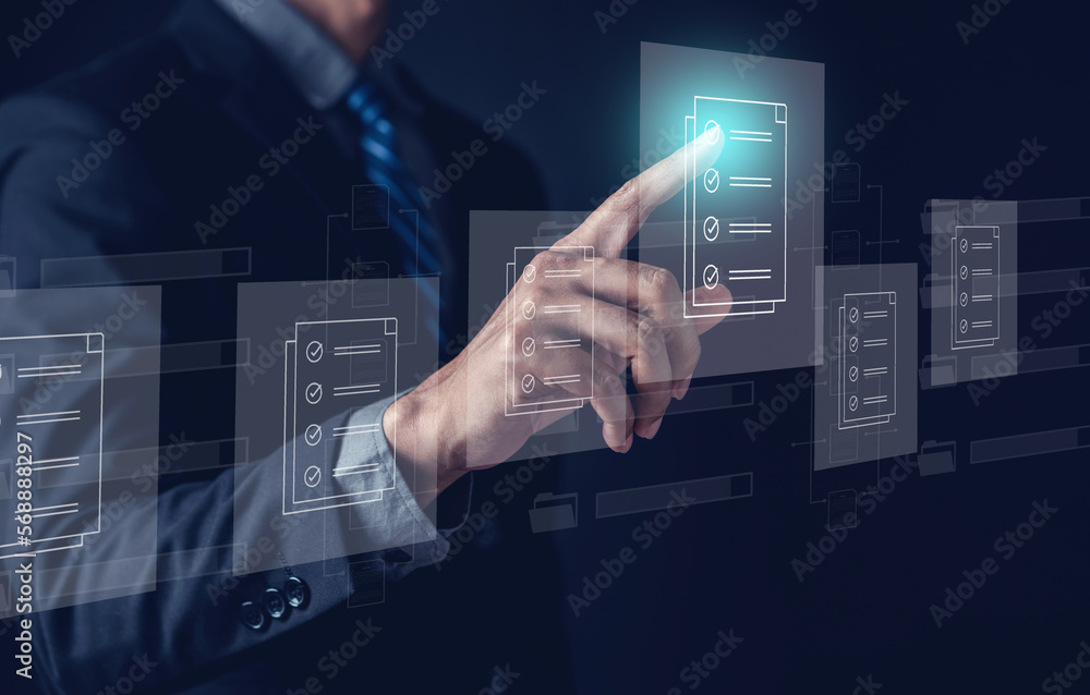 Poster Document Management System, online documentation database and process automation to efficiently manage files, knowledge and documentation in enterprise with ERP. Corporate business technology, DMS