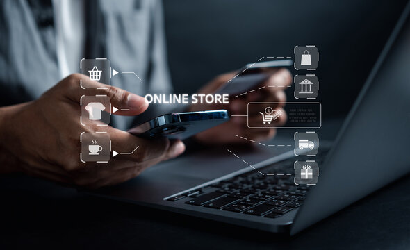 Shopping online payment concept. Man hand using smart phone with cart delivery icon, banking and online shopping via banking mobile app, E-transaction and financial technology.