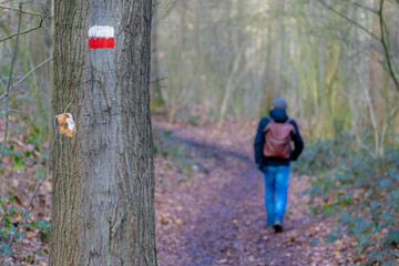 Red and white sign on tree trunk, Blurred man walk in wood, The Pieterpad is a long distance walking route in the Netherlands, The route runs from Pieterburen to Sint-Pietersberg, Maastricht, Holland.