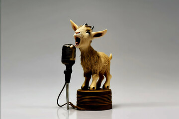 Baby goat figurine singing into a microphone