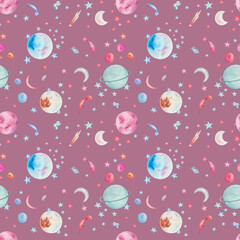 Fototapeta na wymiar Watercolor illustration. Seamless pattern of hand painted planets, stars, moon, meteorite, asteroid. Celestial bodies in outer space. Pluto, Uranus, Venus. Space Day. Print on pink background