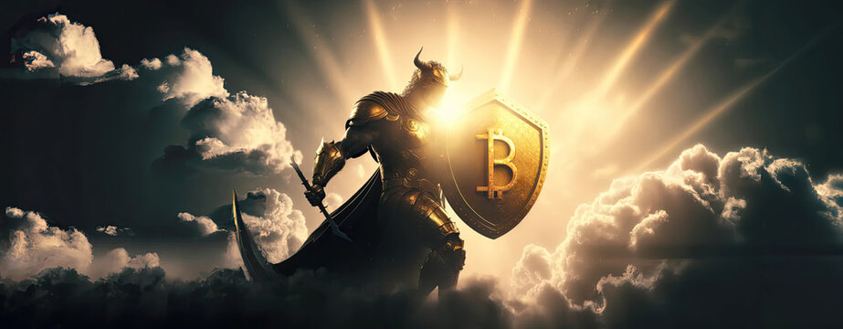 bitcoin knight in the clouds, bullish knight, gold coin, Generative AI