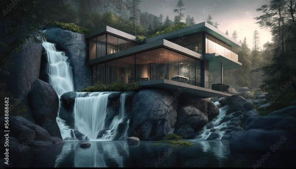 Wall mural luxury house nest to the waterfall in the nature for sophisticated people