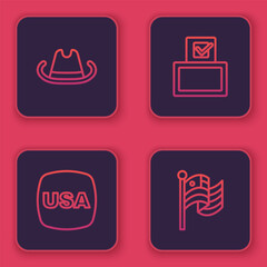 Set line Western cowboy hat, USA Independence day, Vote box and American flag. Blue square button. Vector