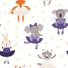 Cute animals ballerinas, ballet dancers seamless pattern on white background. Hand drawn vector illustration. Scandinavian style flat design. Concept kids textile, fashion print, wallpaper, package. © Maria Skrigan