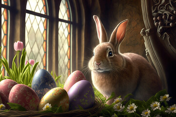 easter bunny surrounded by easter eggs 