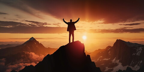 Victorious business man standing on the top of a mountain with arms raised. Winning and success, generative ai