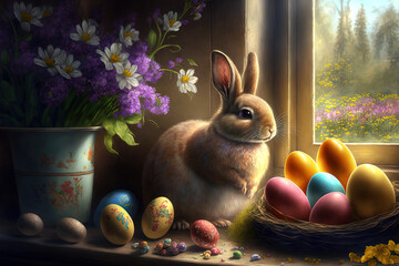 easter bunny surrounded by easter eggs 