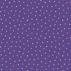 Scattered hearts simple seamless pattern, pink on violet background. Hand drawn vector illustration. Childish texture. Design concept for kids fashion print, textile, fabric, wallpaper, packaging.