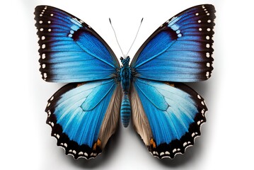 Plakat old-fashioned blue butterfly on a white backdrop. Generative AI