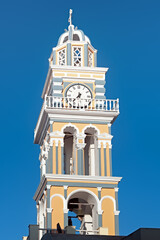 Ornate bell tower in Fira, Santorini, Greece