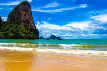 Railay Beach Thailand beautiful famous beach lagoon between limestone rocks.