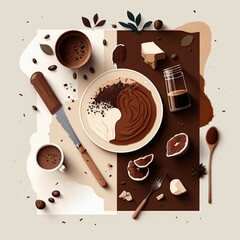 Flat lay 2d illustration cocoa cake and materails concept.