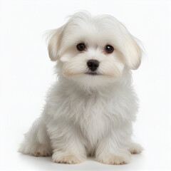 Cute nice white fluffy dog puppy breed Maltese isolated on white close-up	
