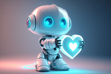 Cute little robot assistant with heart in his hands on blue background. Friendly chat bot character. Generative AI - obrazy, fototapety, plakaty