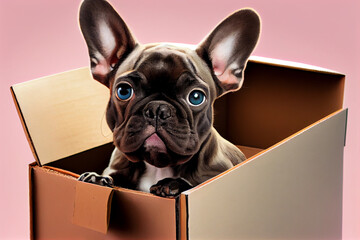 French Bulldog Pose in the box in front of pink background. Generative AI